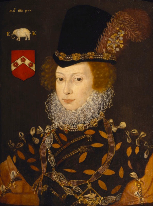 ELIZABETH KNOLLYS, LADY LAYTON attributed to George Gower, 1577, 24 x 27 & 3/4 inches (61 x 70.5 cm) in the Dining Room at Montacute. Credit: Montacute, Sir Malcolm Stewart bequest, The National Trust.